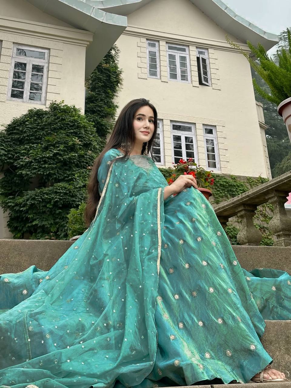 Tara Sky Blue Simmer Silk Anarkali Gown