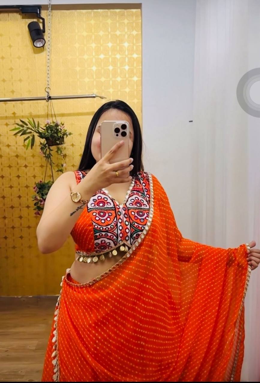 Orange Motedo Print With Fancy Lace Lahenga Choli