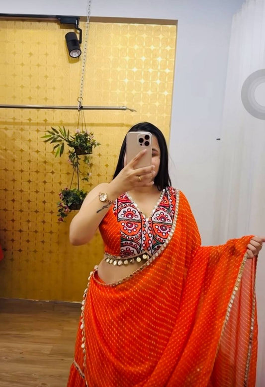 Orange Motedo Print With Fancy Lace Lahenga Choli