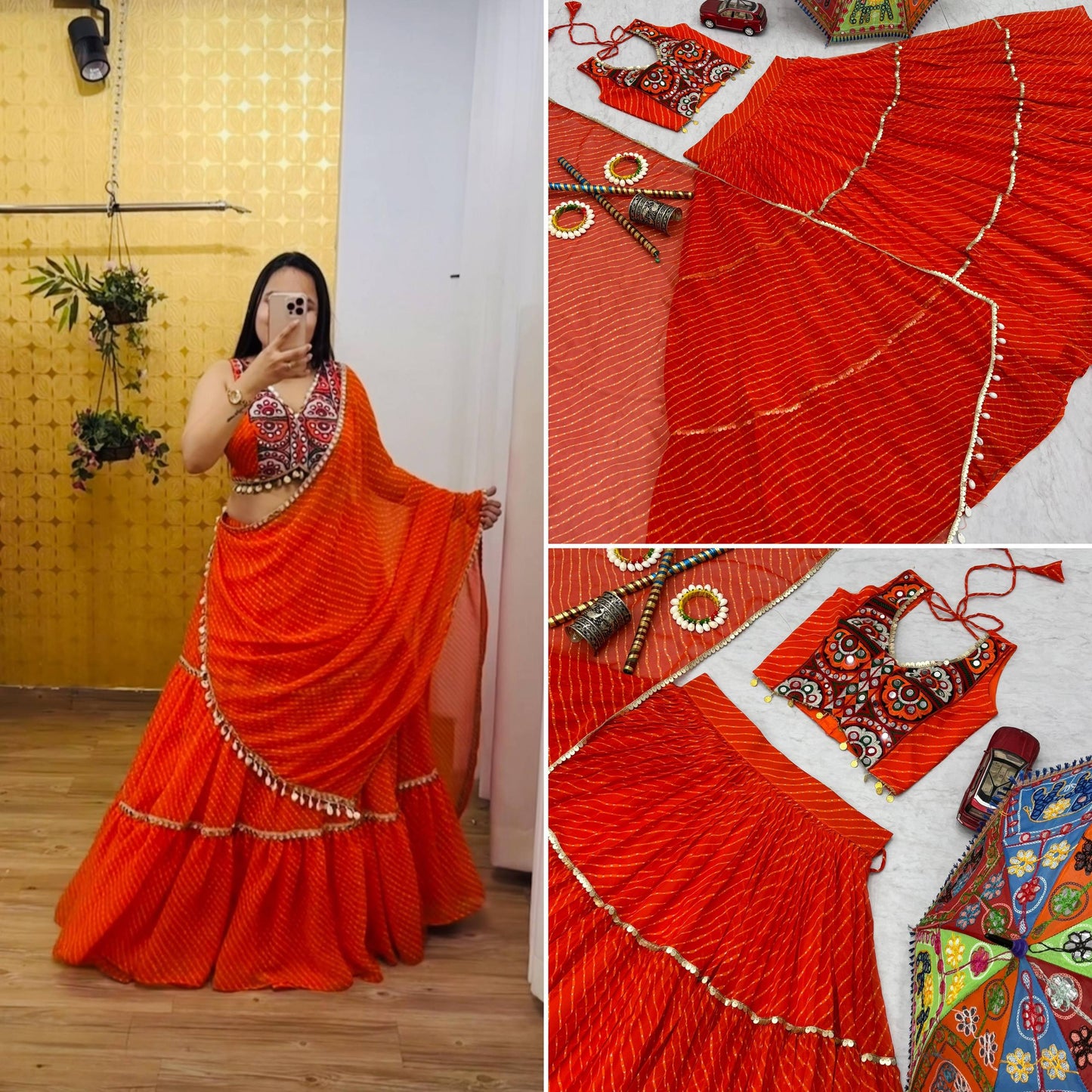Orange Motedo Print With Fancy Lace Lahenga Choli