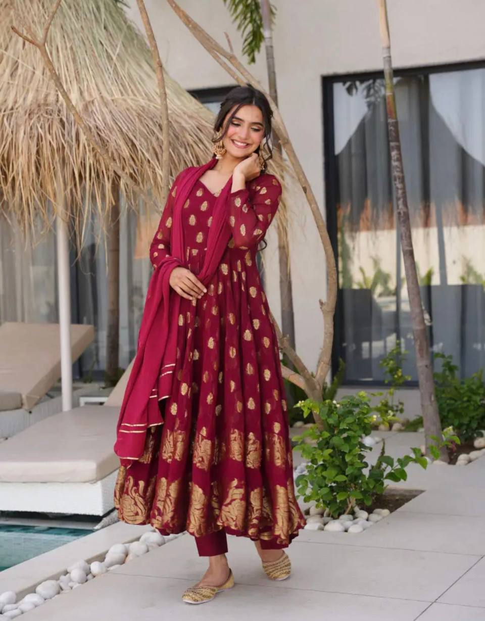 Sayra Maroon Festival Full Sleeves Suit Set