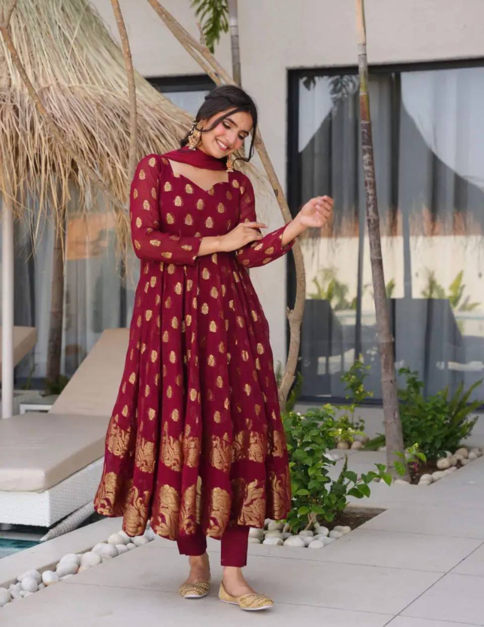Sayra Maroon Festival Full Sleeves Suit Set