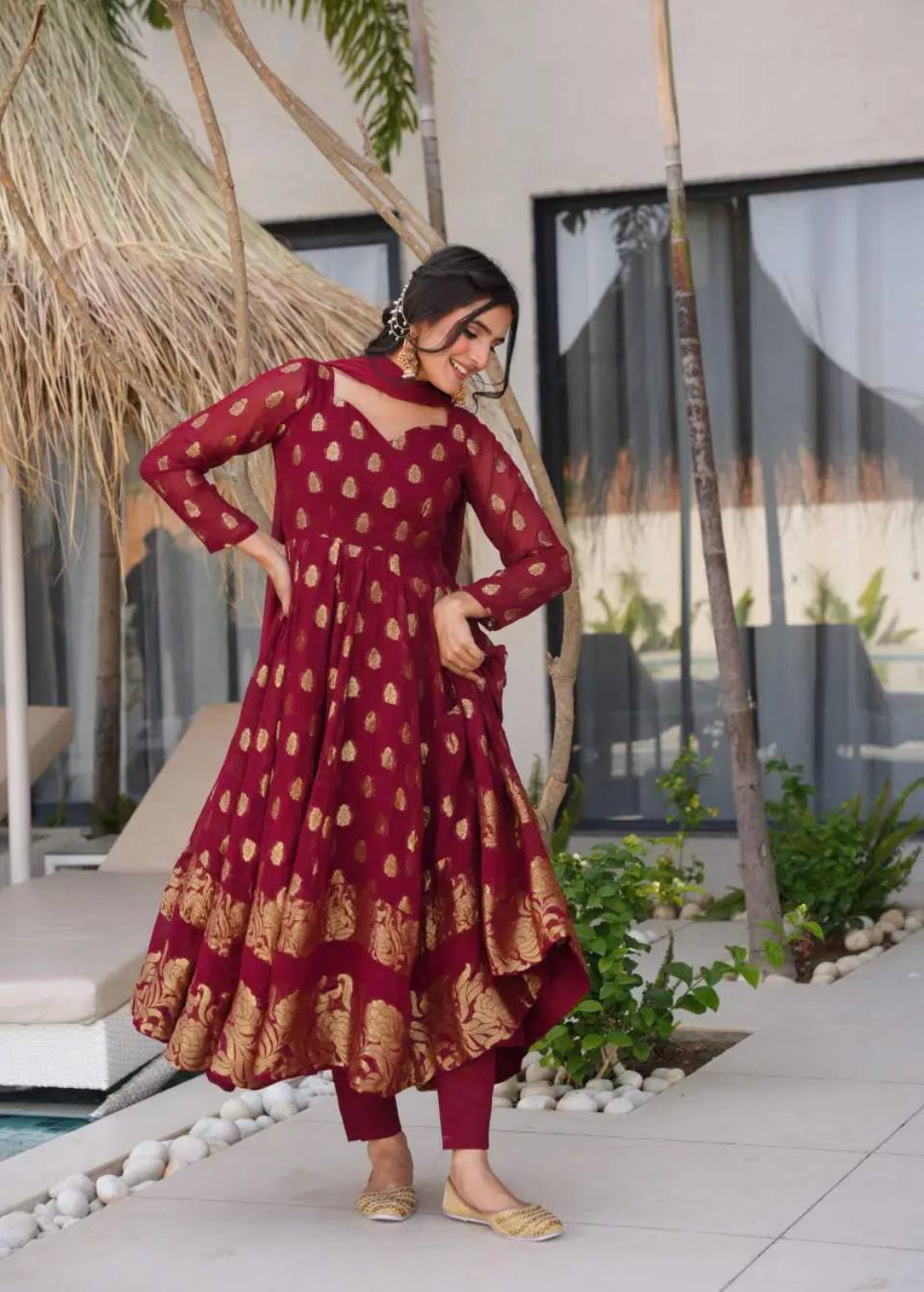 Sayra Maroon Festival Full Sleeves Suit Set