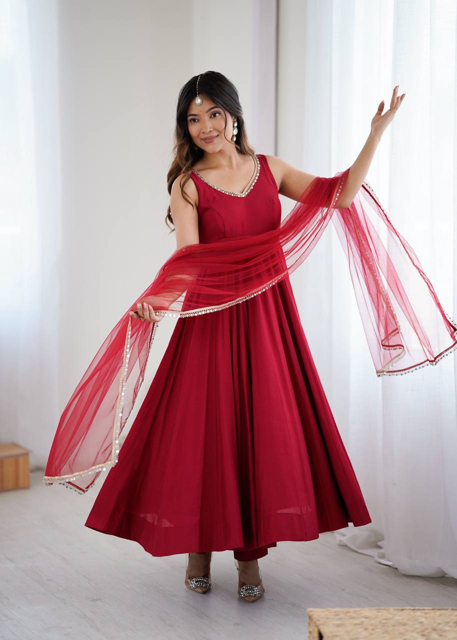 Yasmln Maroon Pure Romanslk Anarkali