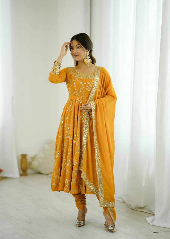 Tara Yellow Heavy Faux Georgette Pretty Anarkali Gown