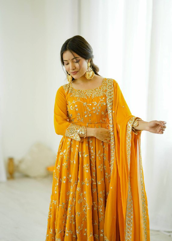 Tara Yellow Heavy Faux Georgette Pretty Anarkali Gown