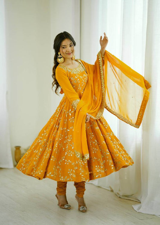 Tara Yellow Heavy Faux Georgette Pretty Anarkali Gown