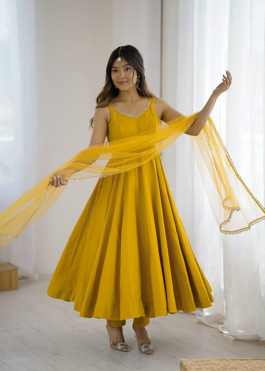 Chhavi Yellow Heavy Pure Romansilk Chanderi Anarkali