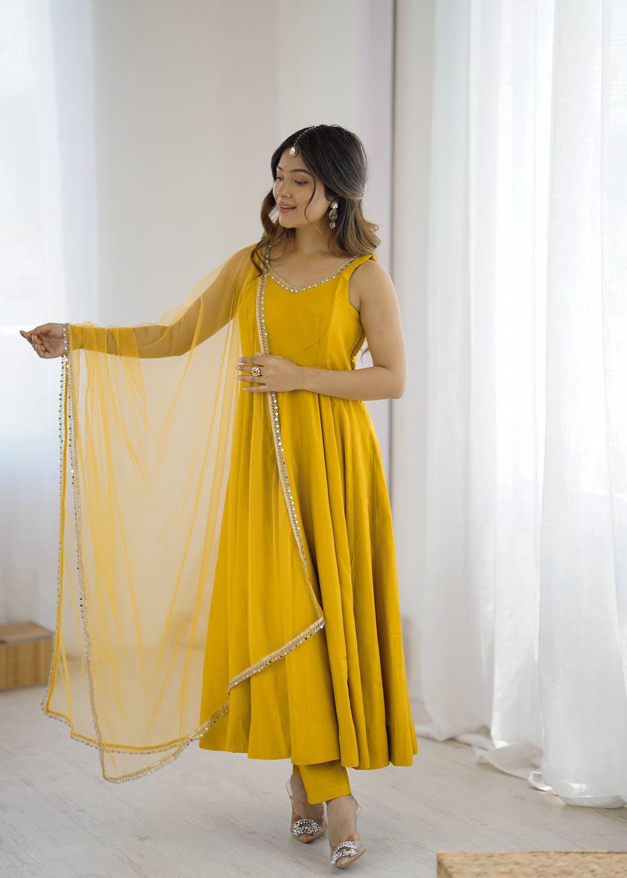 Chhavi Yellow Heavy Pure Romansilk Chanderi Anarkali