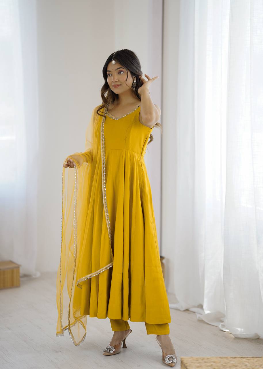Chhavi Yellow Heavy Pure Romansilk Chanderi Anarkali