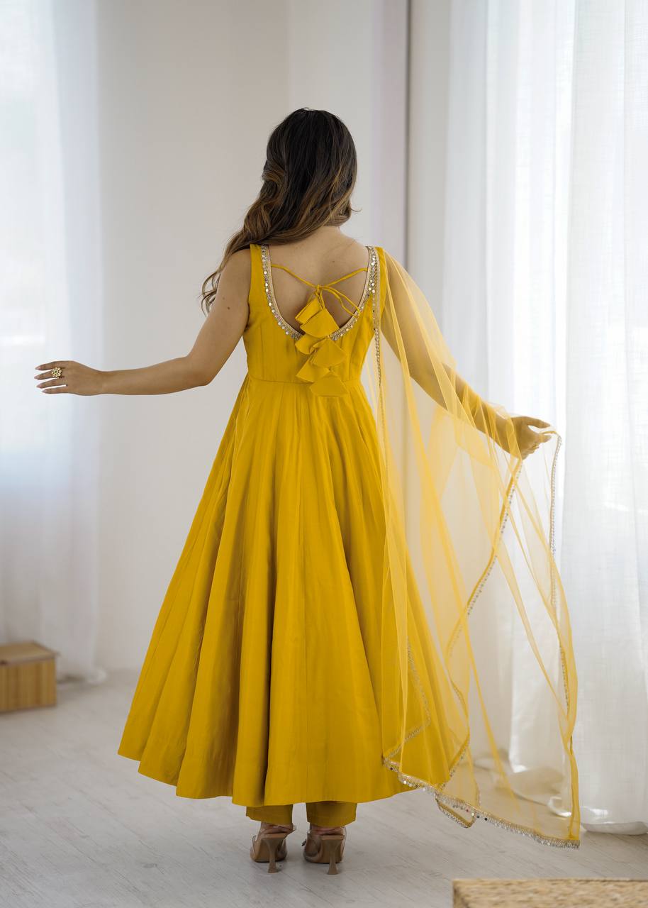 Chhavi Yellow Heavy Pure Romansilk Chanderi Anarkali