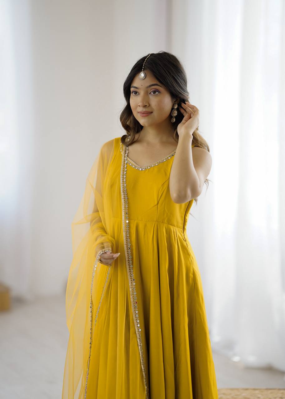 Chhavi Yellow Heavy Pure Romansilk Chanderi Anarkali