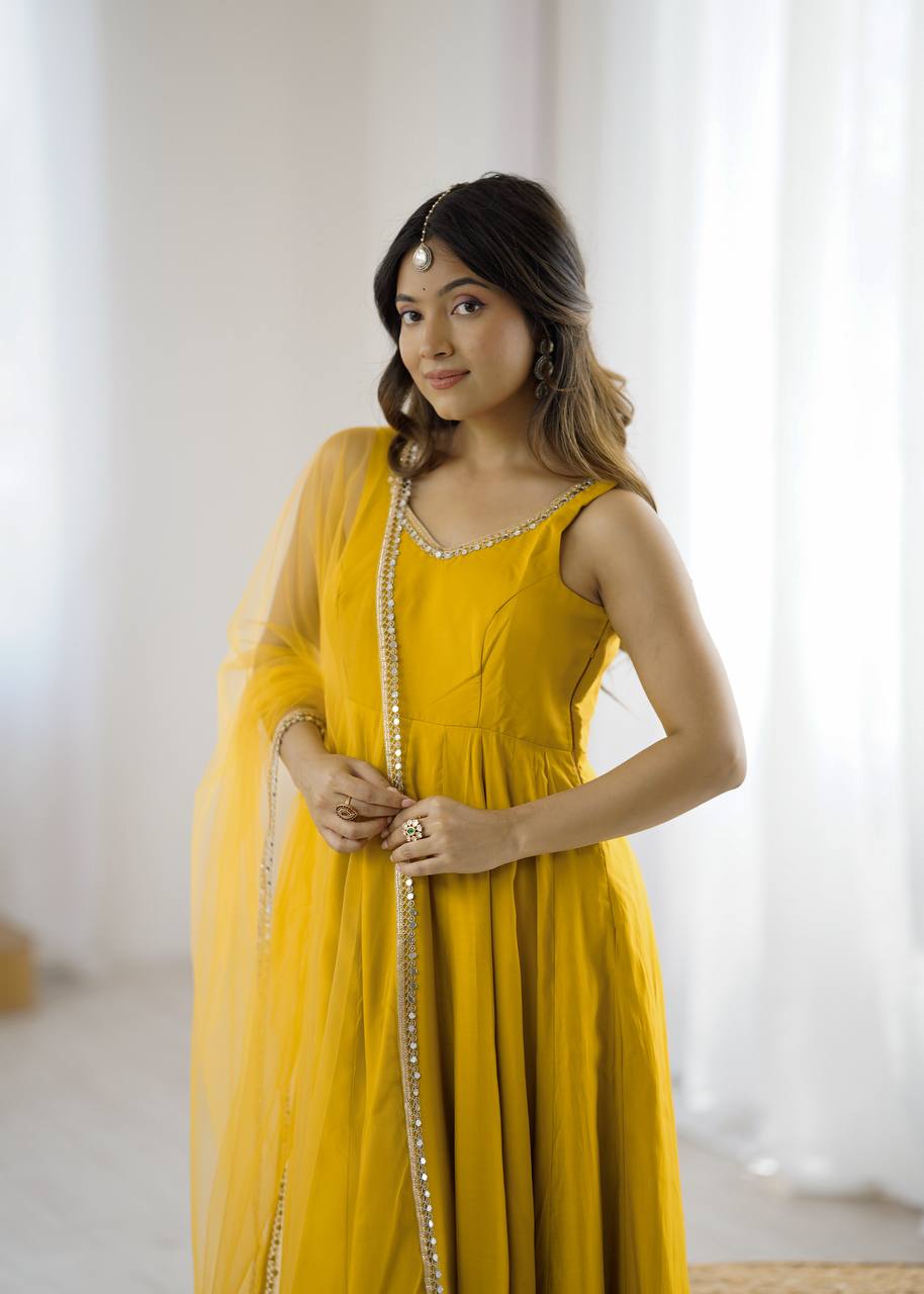 Chhavi Yellow Heavy Pure Romansilk Chanderi Anarkali