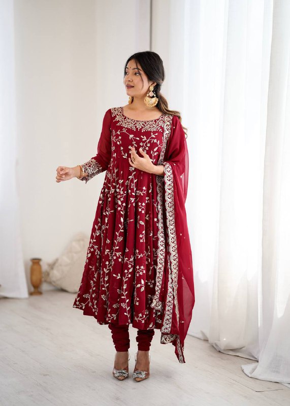 Tanishqa Meroon Beautiful Heavy Faux Georgette Anarkali Gown