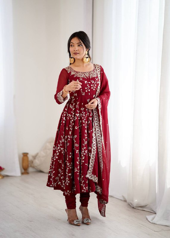Tanishqa Meroon Beautiful Heavy Faux Georgette Anarkali Gown