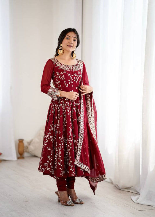 Tanishqa Meroon Beautiful Heavy Faux Georgette Anarkali Gown