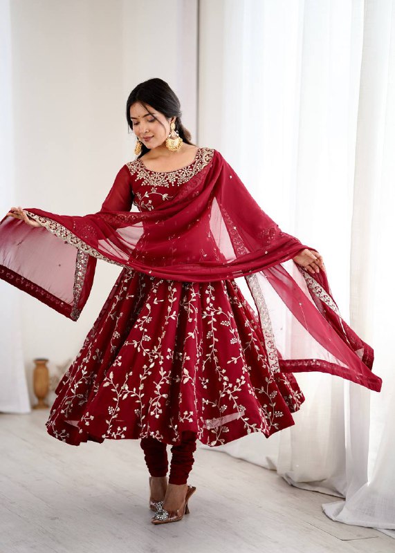 Tanishqa Meroon Beautiful Heavy Faux Georgette Anarkali Gown