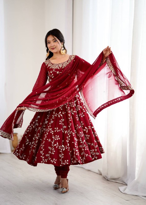Tanishqa Meroon Beautiful Heavy Faux Georgette Anarkali Gown