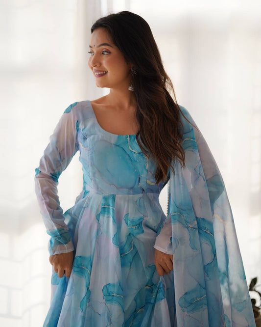 Sky Blue Pure Soft Organja Silk Marble Print Anarkali