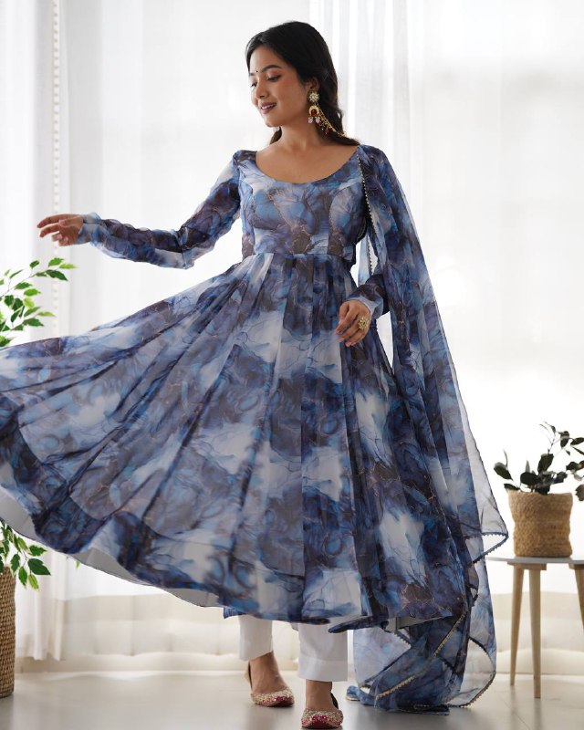 Nevy Blue Pure Soft Organja Silk Marble Print Anarkali Reg