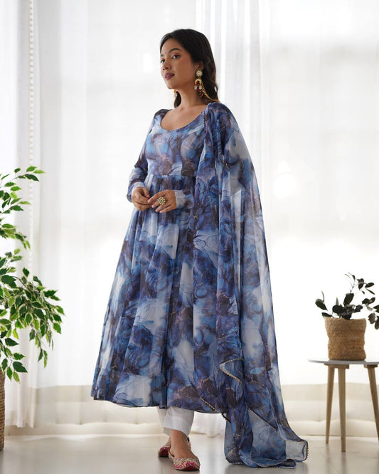 Nevy Blue Pure Soft Organja Silk Marble Print Anarkali Reg