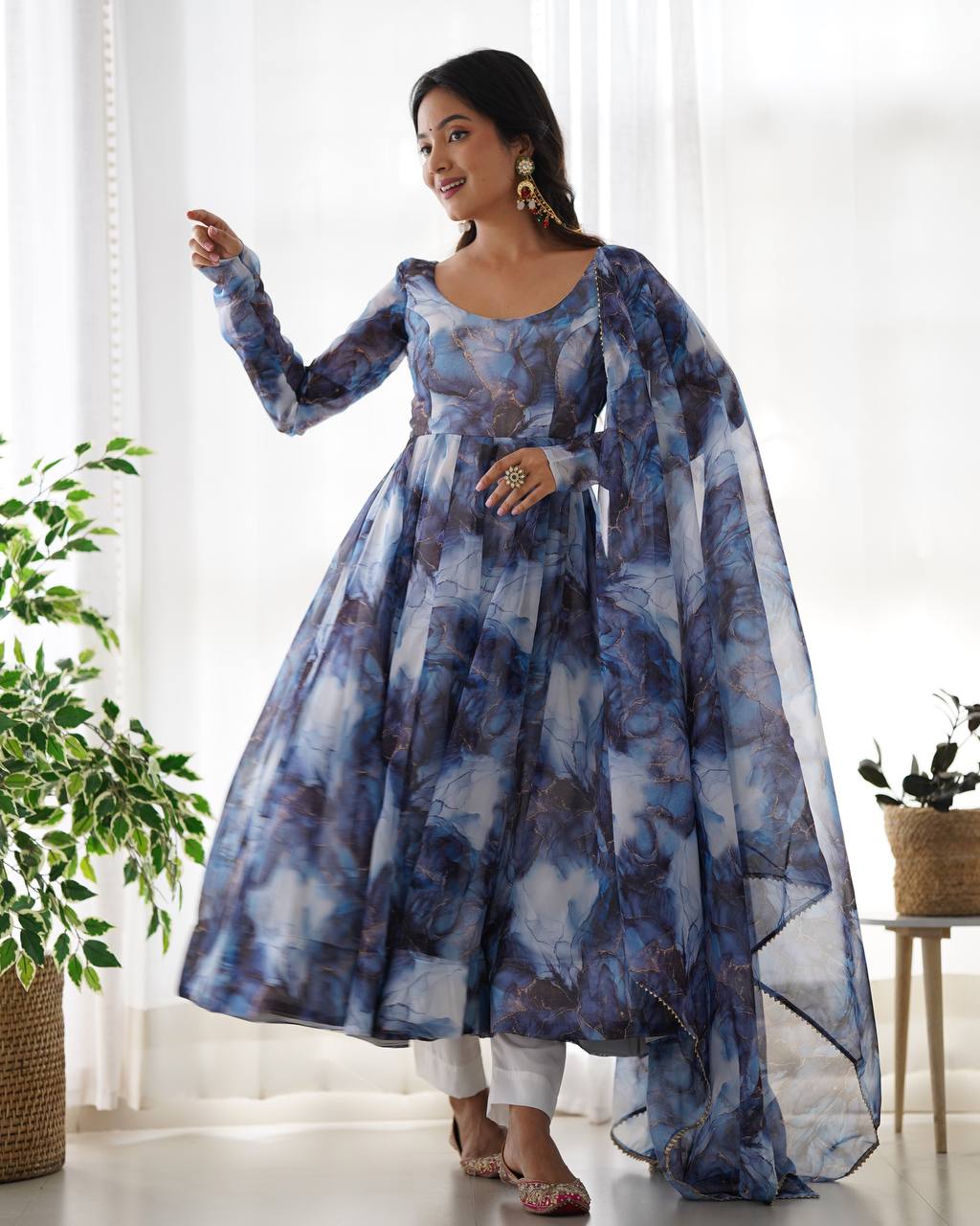 Nevy Blue Pure Soft Organja Silk Marble Print Anarkali Reg