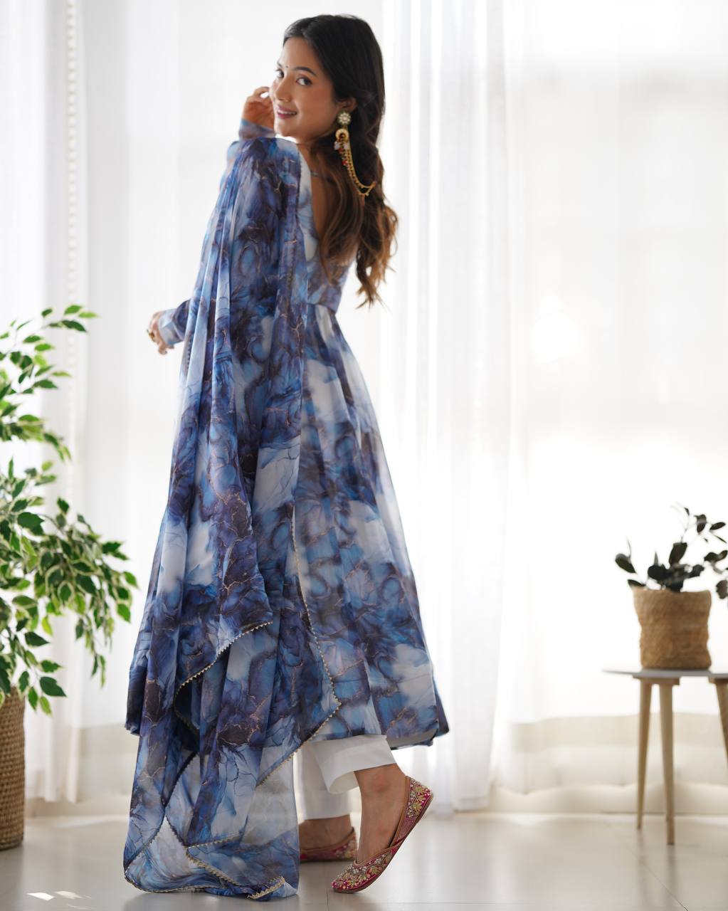 Nevy Blue Pure Soft Organja Silk Marble Print Anarkali Reg