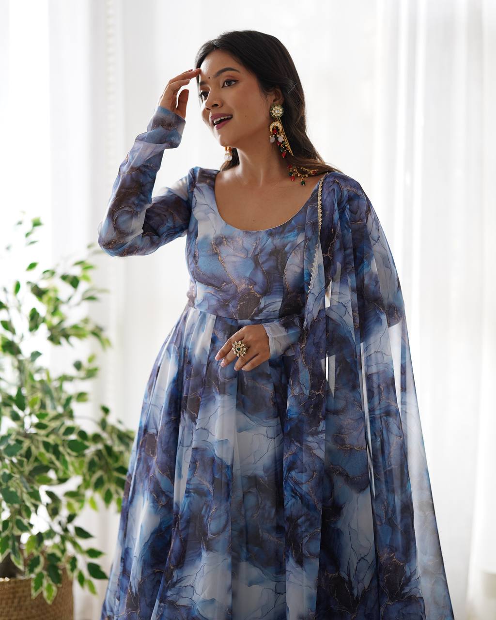 Nevy Blue Pure Soft Organja Silk Marble Print Anarkali Reg