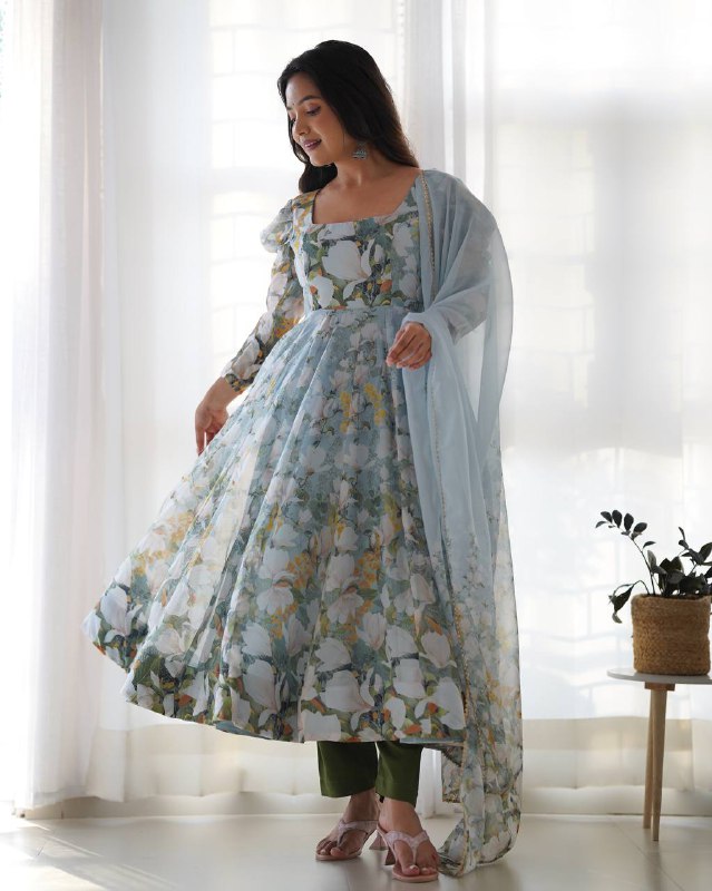 Anaya Flared Pure Soft Organja Silk Floral Print Anarkali