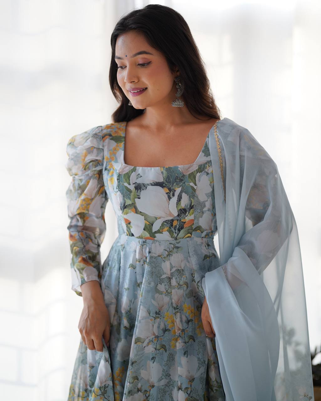 Anaya Flared Pure Soft Organja Silk Floral Print Anarkali