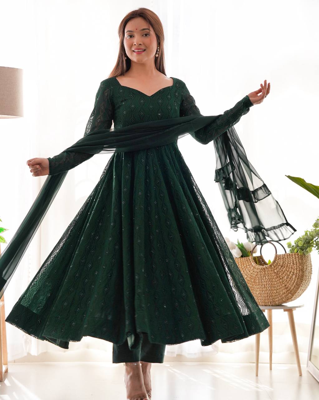Leher Deep Forest Green Embroidered Anarkali
