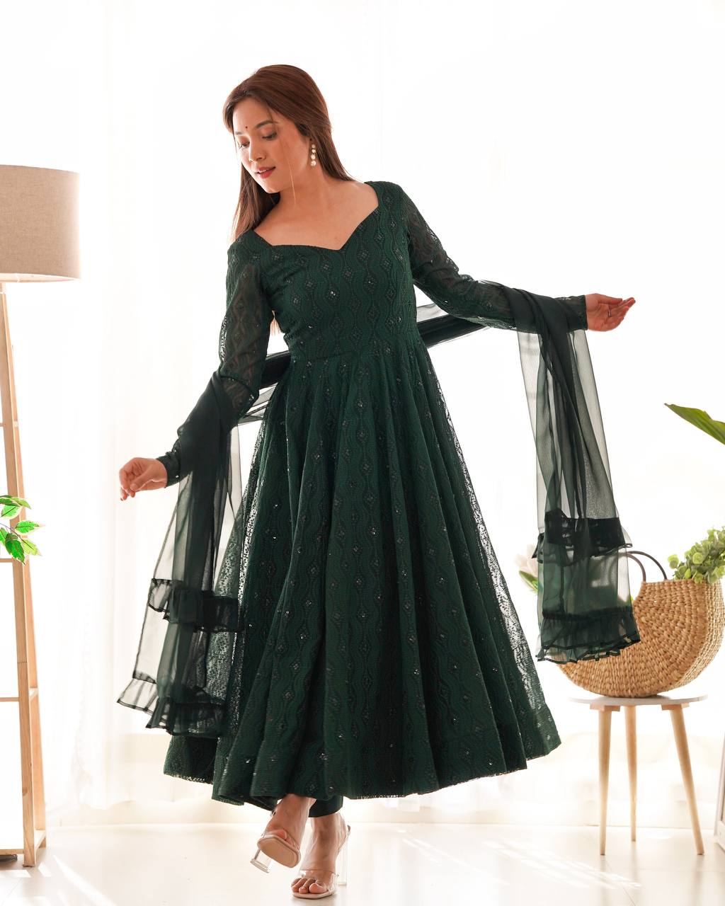 Leher Deep Forest Green Embroidered Anarkali