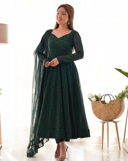 Leher Deep Forest Green Embroidered Anarkali