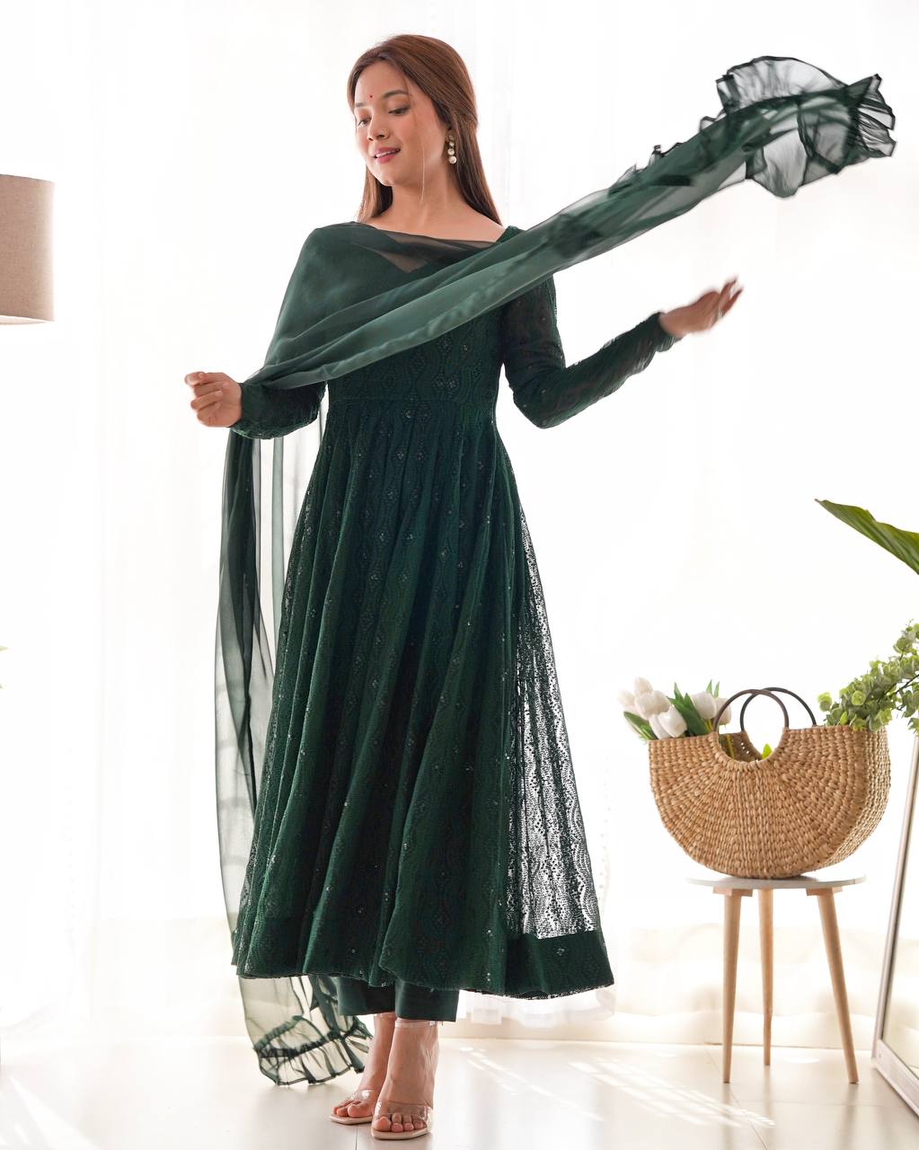 Leher Deep Forest Green Embroidered Anarkali