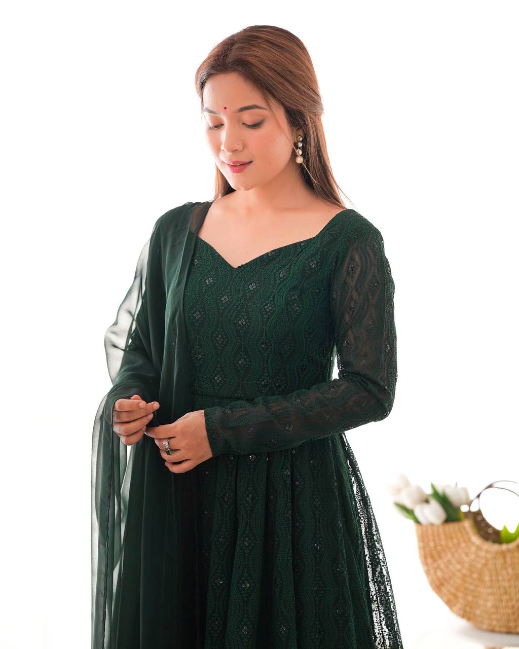 Leher Deep Forest Green Embroidered Anarkali