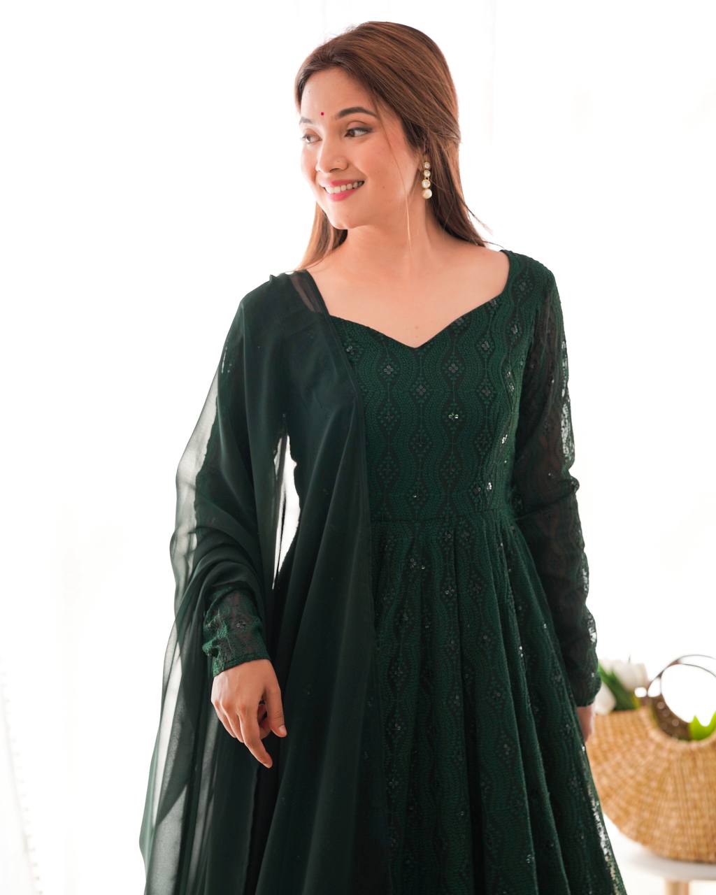 Leher Deep Forest Green Embroidered Anarkali