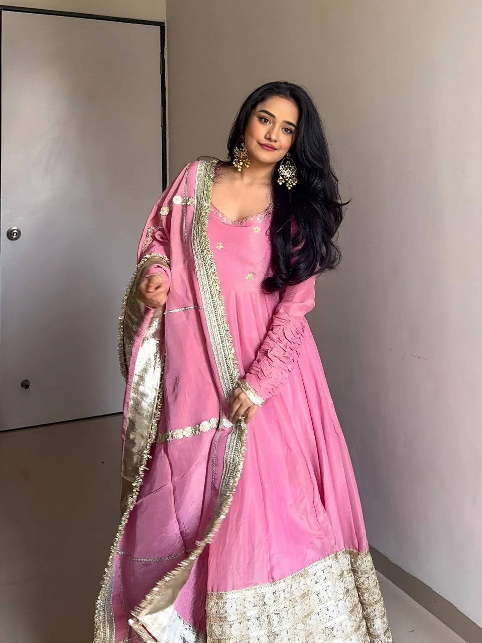 Baby Pink Chinon Silk Fancy Premium Anarkali Suit