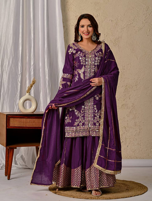 Anvika Purple Chinnon Silk Party Wear Sharara
