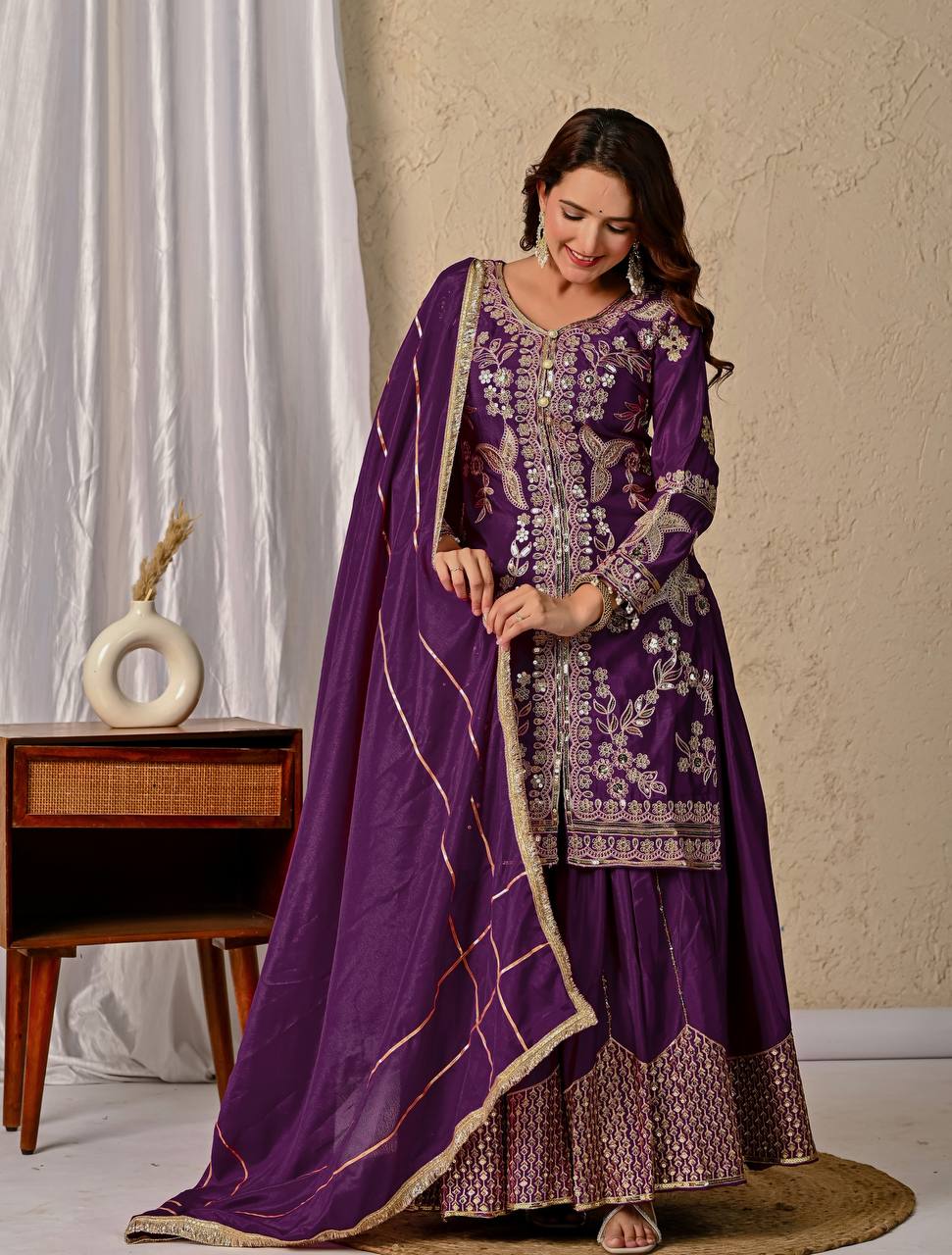 Anvika Purple Chinnon Silk Party Wear Sharara