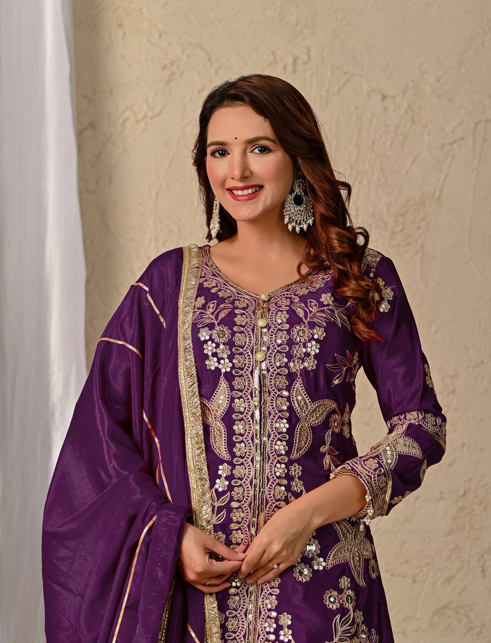 Anvika Purple Chinnon Silk Party Wear Sharara