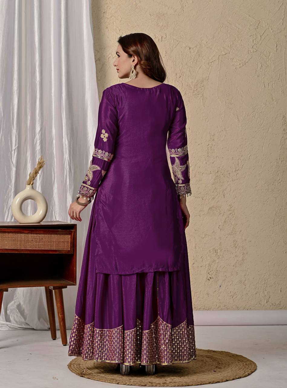 Anvika Purple Chinnon Silk Party Wear Sharara