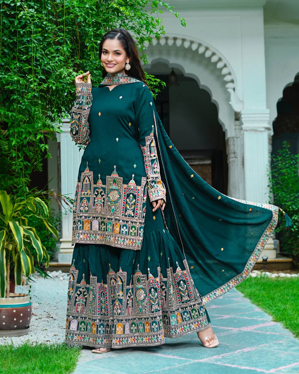 Mirza Designer Chinnon Silk Sharara Suit