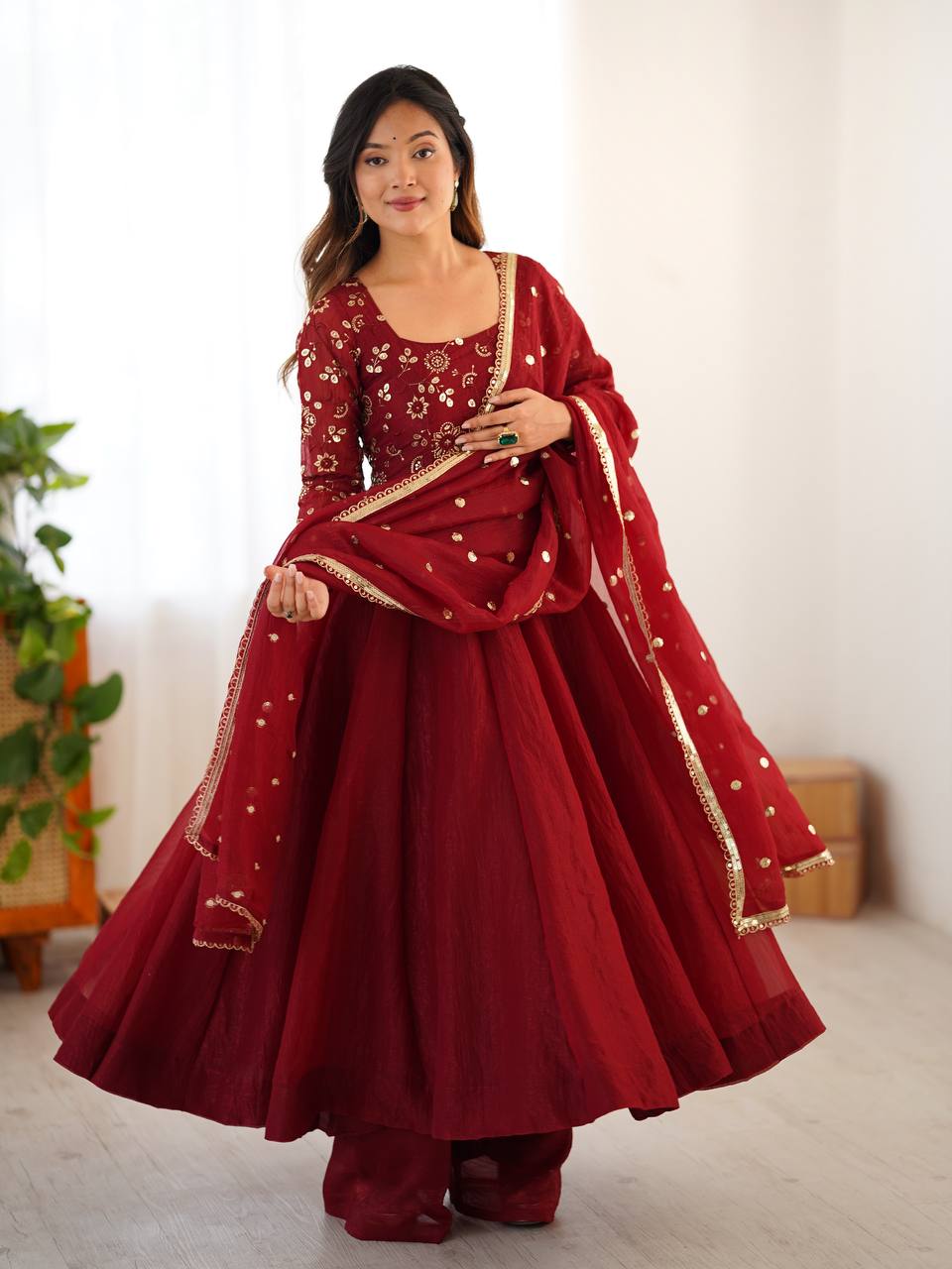 Mlrzaa Ruby Maroon Embroidery Anarkali