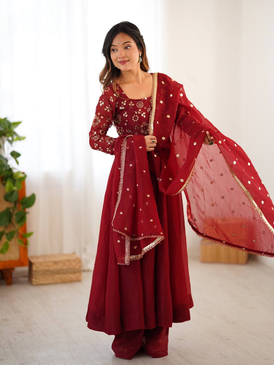 Mlrzaa Ruby Maroon Embroidery Anarkali