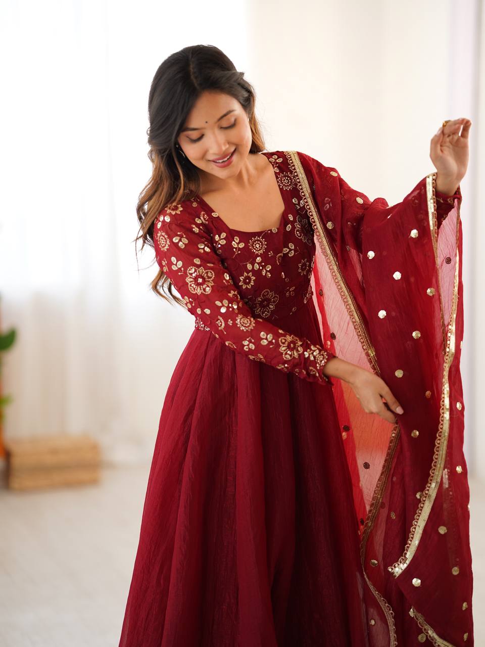 Mlrzaa Ruby Maroon Embroidery Anarkali