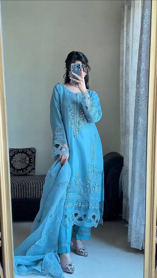 Sky Blue Straight Cut Work Kurta Set