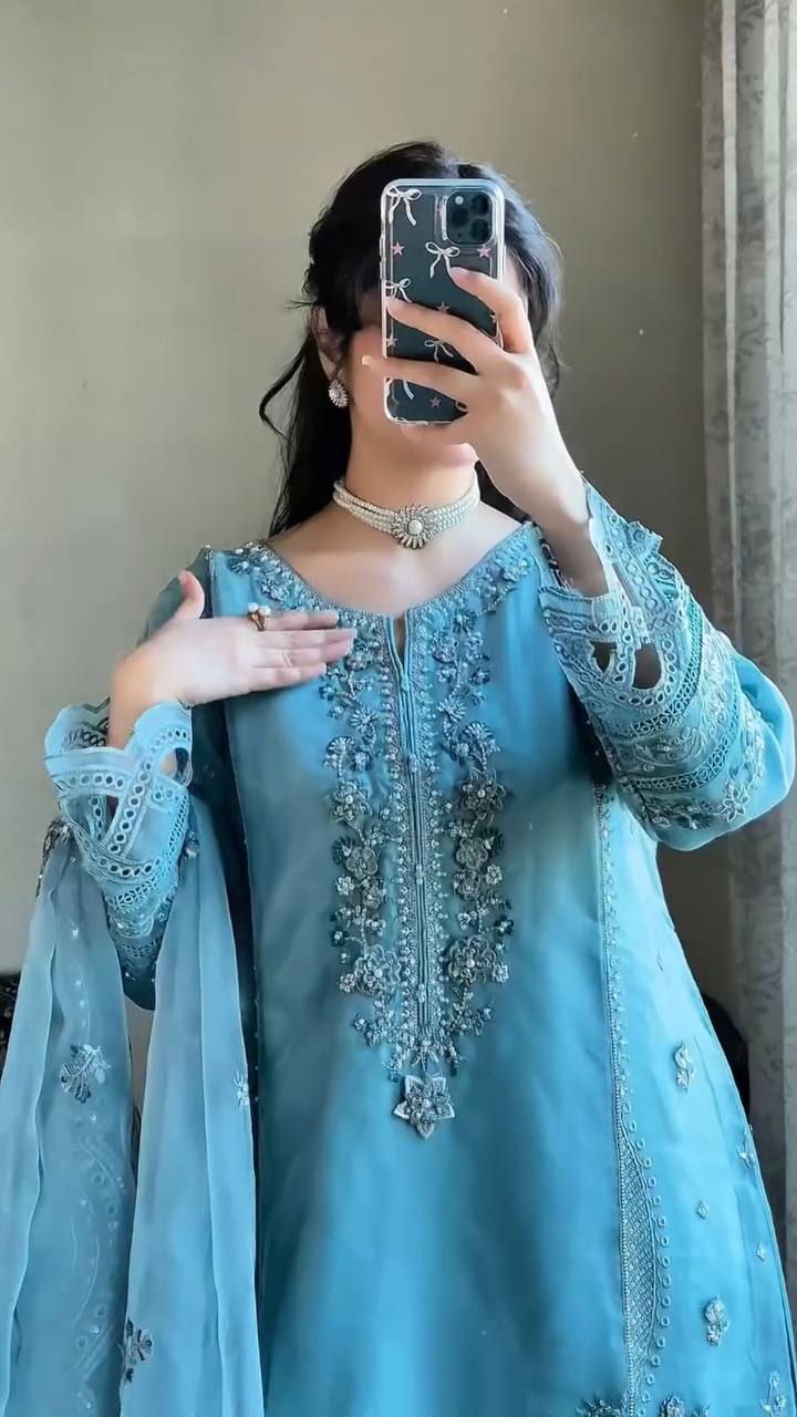 Sky Blue Straight Cut Work Kurta Set