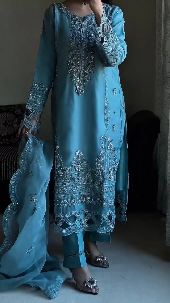 Sky Blue Straight Cut Work Kurta Set