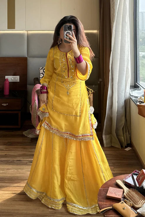 Haldi Special Real Mirror Work Sharara Set
