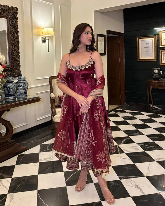 Fancy Maroon Ensemble Anarkali With Dori Latkan